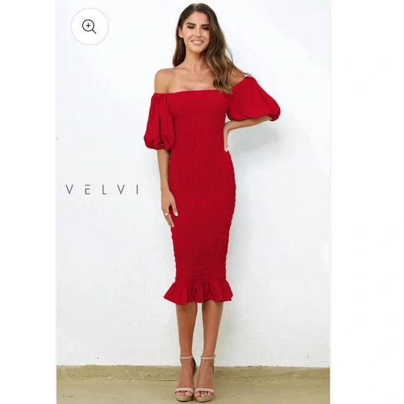 Velvi Women’s Skyla Shirred Midi Dress RED - Picture 2 of 8